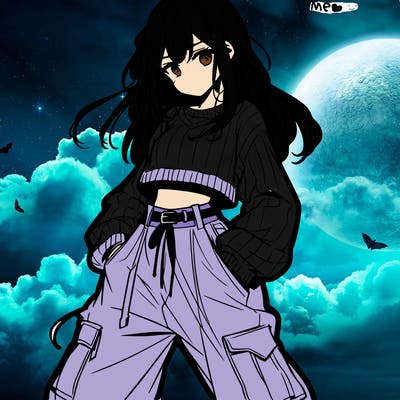 anime teen girl with baggy pants and crop top with sweater