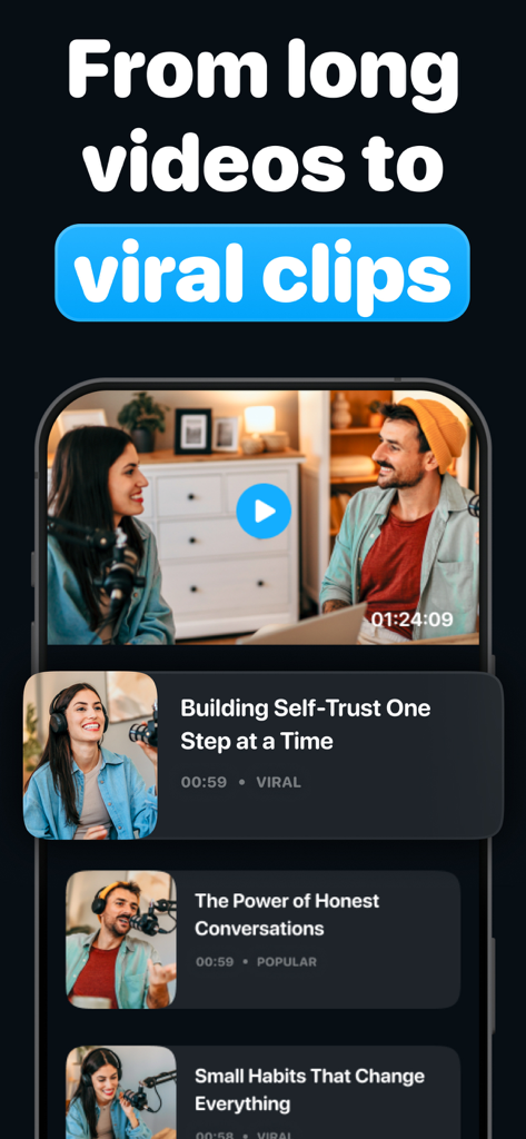 Shortify. Create short clip - Shortify app interface showing a long form podcast video being converted into several viral short clips