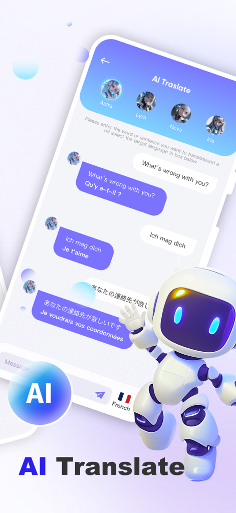 GlobaTalk AI mobile app interface showing multilingual chat translation with a cute robot character