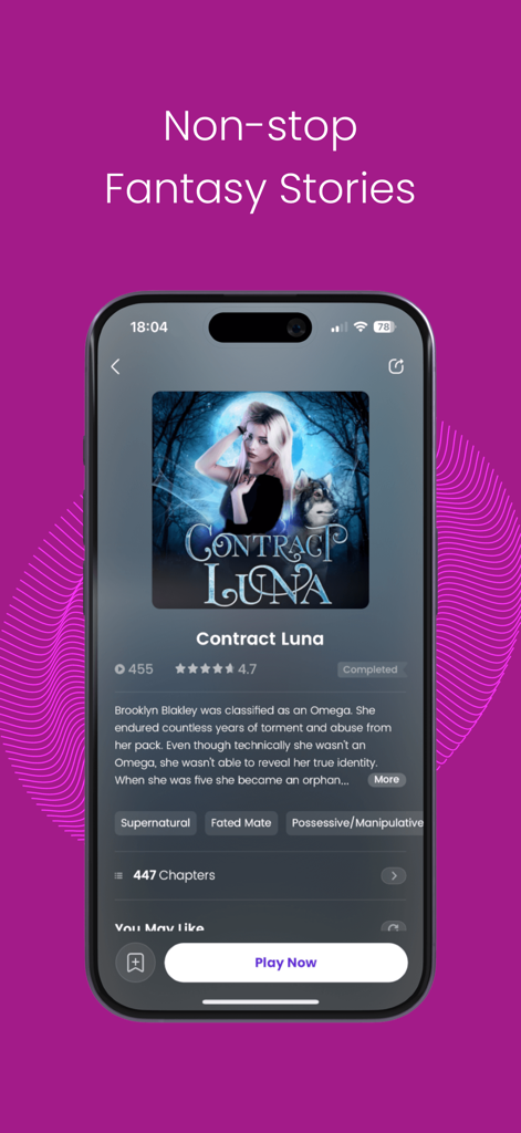 DreamCast: Audiobook & stories - Interfaz de la aplicación DreamCast que muestra la historia de fantasía Contract Luna con su descripción y capítulos