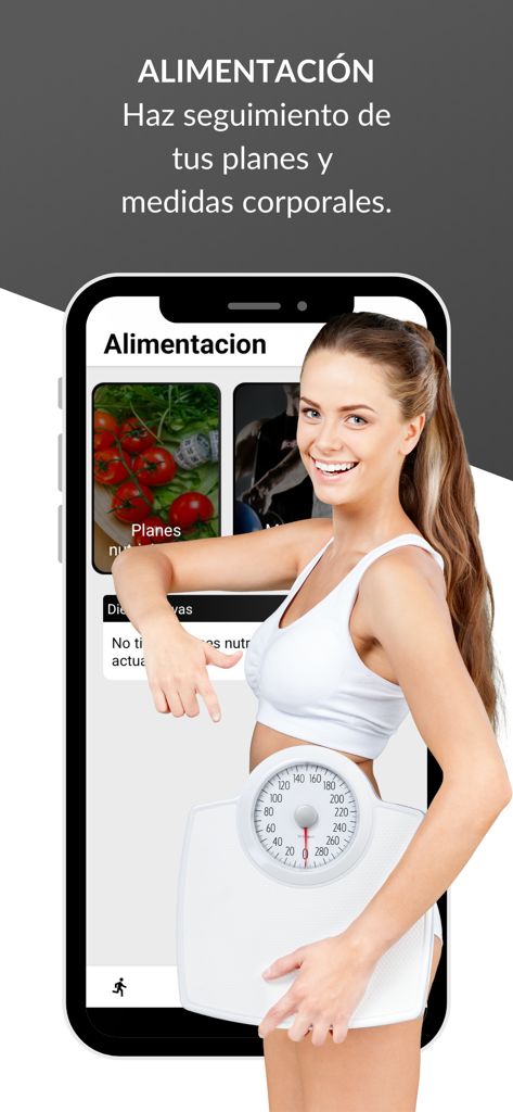 SportManager 2.0 - Woman holding a scale next to the SportManager app showing nutrition plans and body measurement tracking