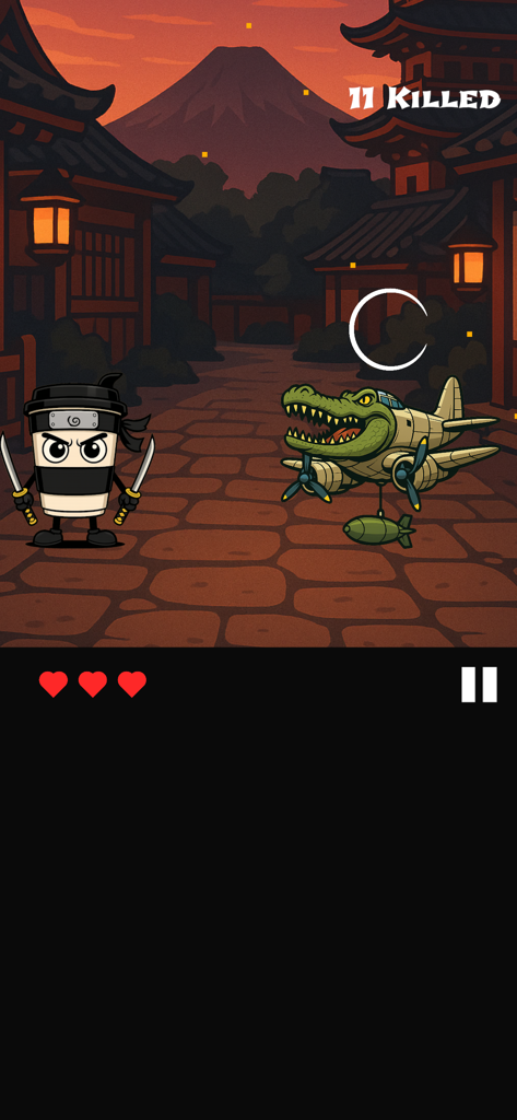 Cappuccino Assassino Game - Um personagem ninja de xícara de café enfrenta um crocodilo em um avião durante a jogabilidade de Cappuccino Assassino.