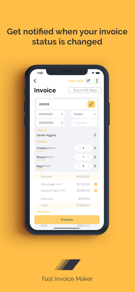 Fast Invoice Makerモバイルアプリのインターフェース。詳細な請求書作成とステータストラッキングの通知が表示されます。