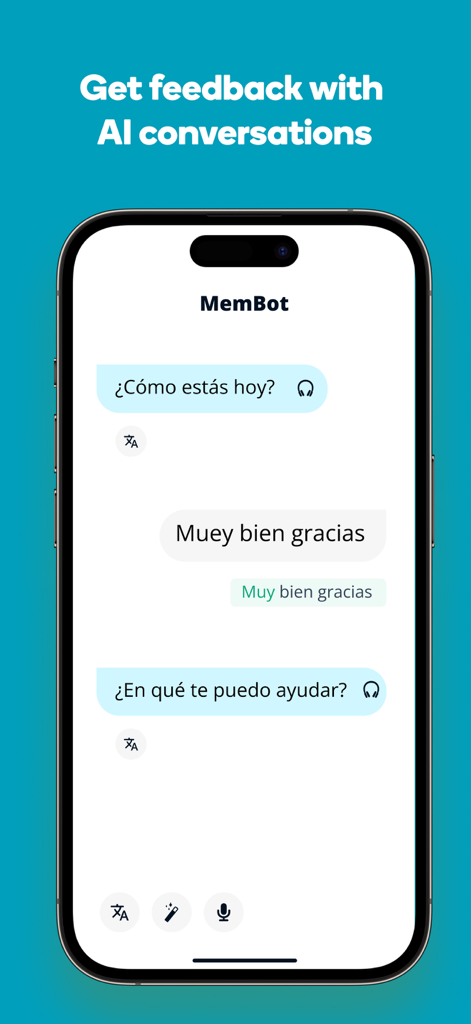 Memrise Easy Language Learning - Screenshot of the Memrise app showing an AI conversation with MemBot providing language feedback.