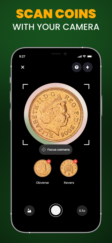 Coin Identifier: Coin ID Scan - Cámara de smartphone escaneando una moneda para identificación