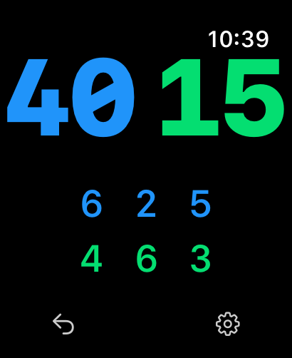 Apple Watchに表示されるテニス試合スコア記録インターフェース。ポイントとセットが表示されています。
