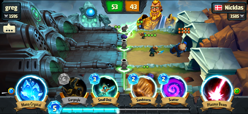 Spellbinders - A real time strategy battle in Spellbinders showing units and spells in a lane based arena