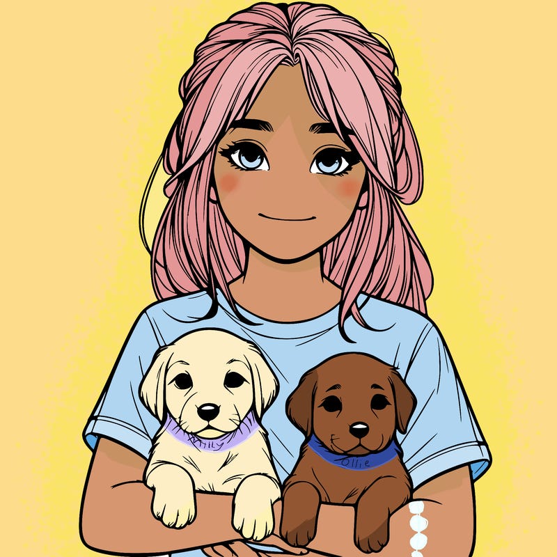 realistic girl holding a puppy or two