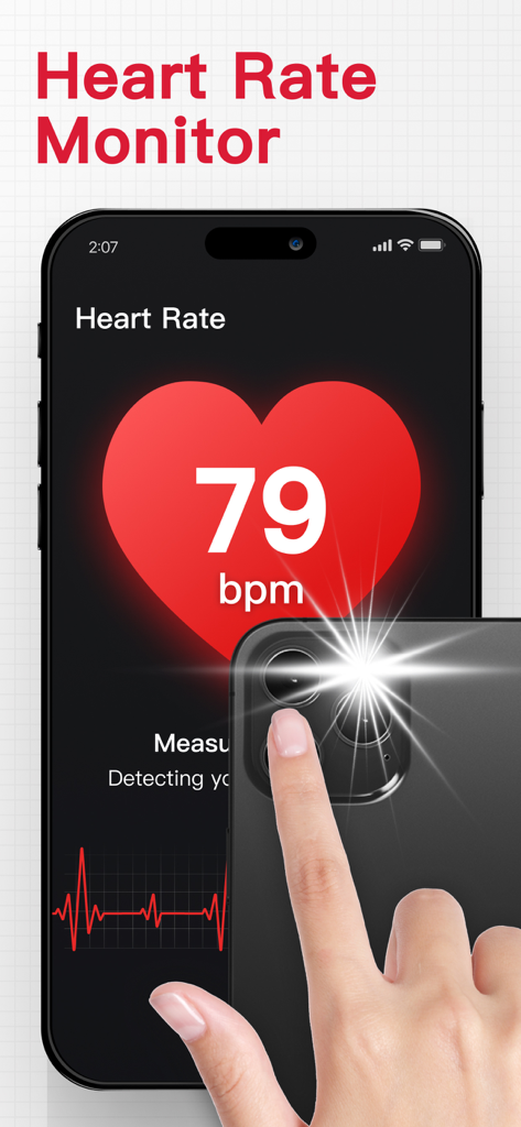 Heart Rate Monitor · Pulse App - A smartphone displaying a heart rate of 79 bpm and a hand placing a fingertip over the camera lens for measurement