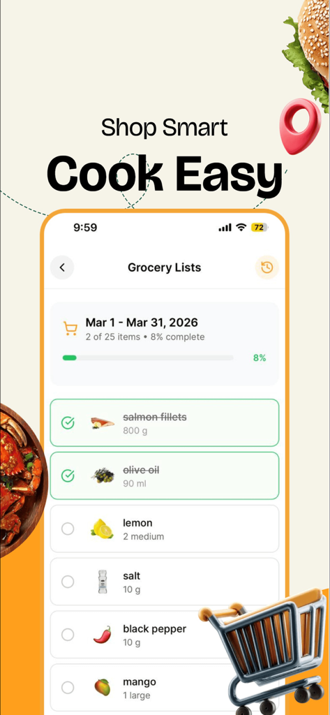 PocketChef - Meal Planner - Una pantalla de teléfono inteligente que muestra la lista de compras inteligente de PocketChef con ingredientes como filetes de salmón y aceite de oliva marcados.
