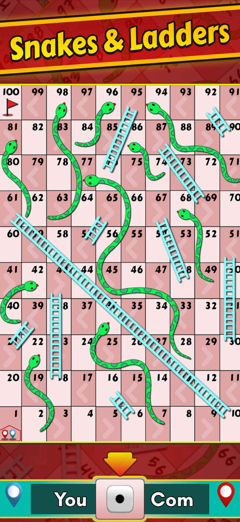 Mobile gameplay screenshot of the Snakes and Ladders board in Ludo King
