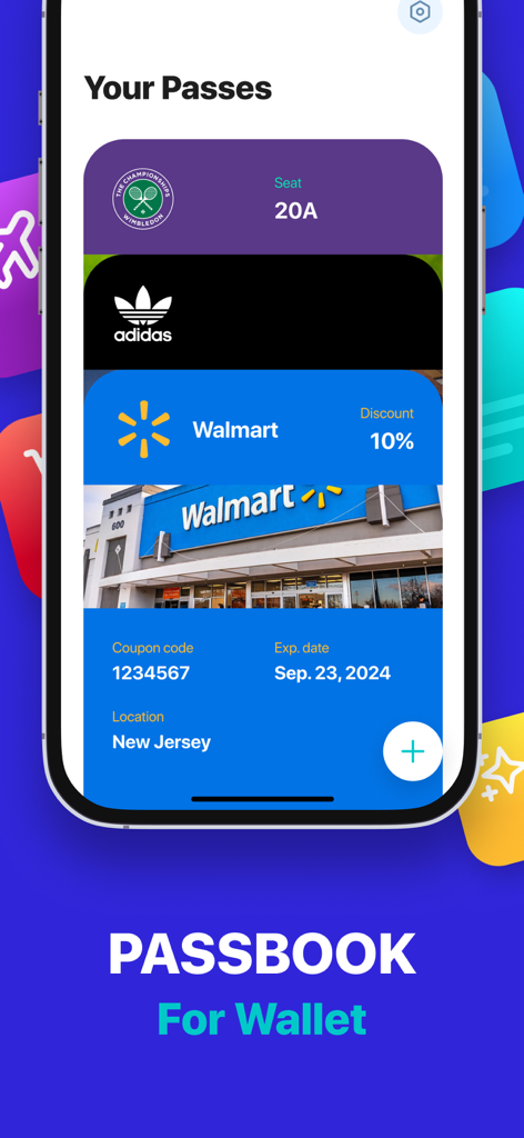 Pantalla de smartphone mostrando pases digitales y tarjetas de fidelidad en la aplicación Pass2Wallet.