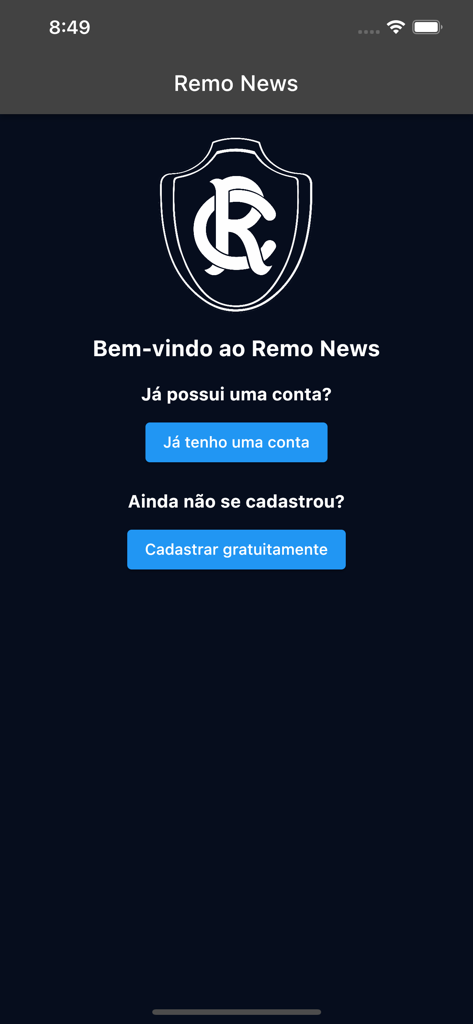 Tela de boas-vindas do Remo App com o escudo do Clube do Remo e opções de login em português