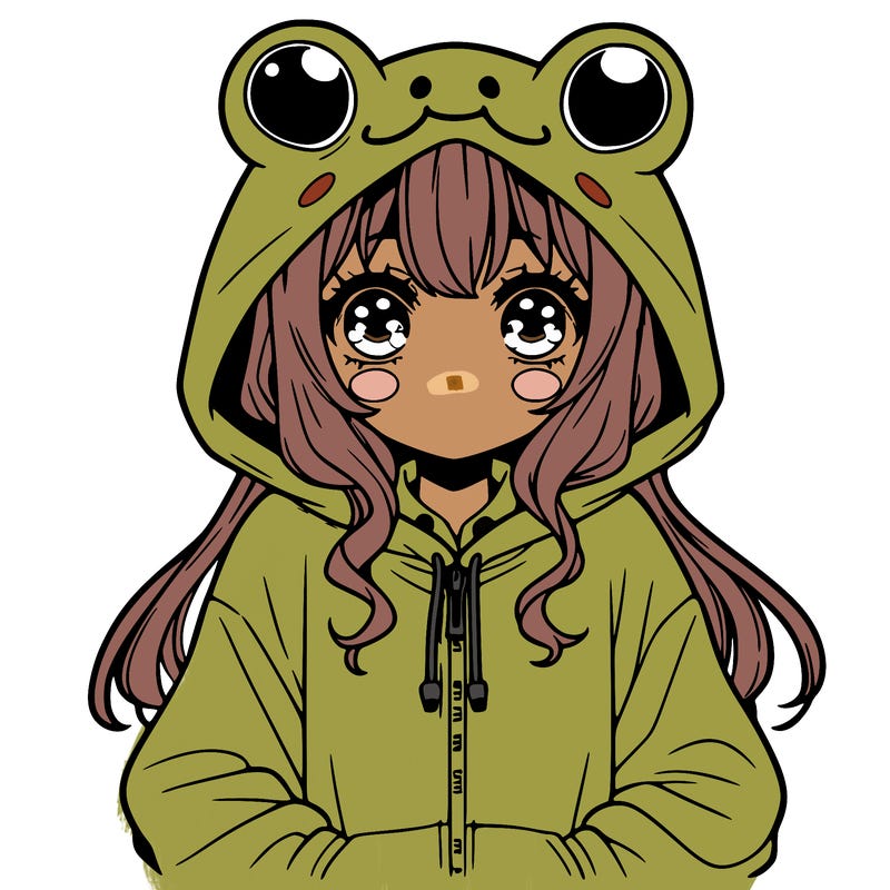 girl with anime eyes and a frog hoodie