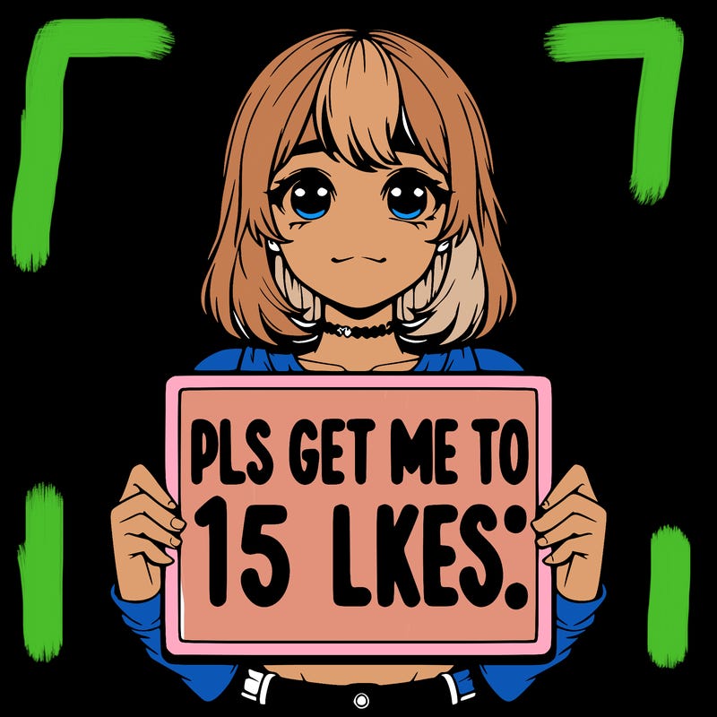 realistic girl holding up a sign that says “pls get me to 15 likes!”