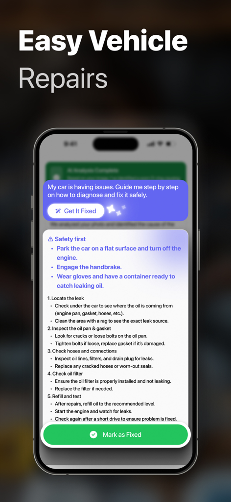 Mobile app interface showing step-by-step instructions for vehicle repairs and safety tips.