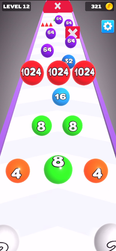 Gameplay of Ball Merge 3D showing colorful numbered balls on a track at level 12