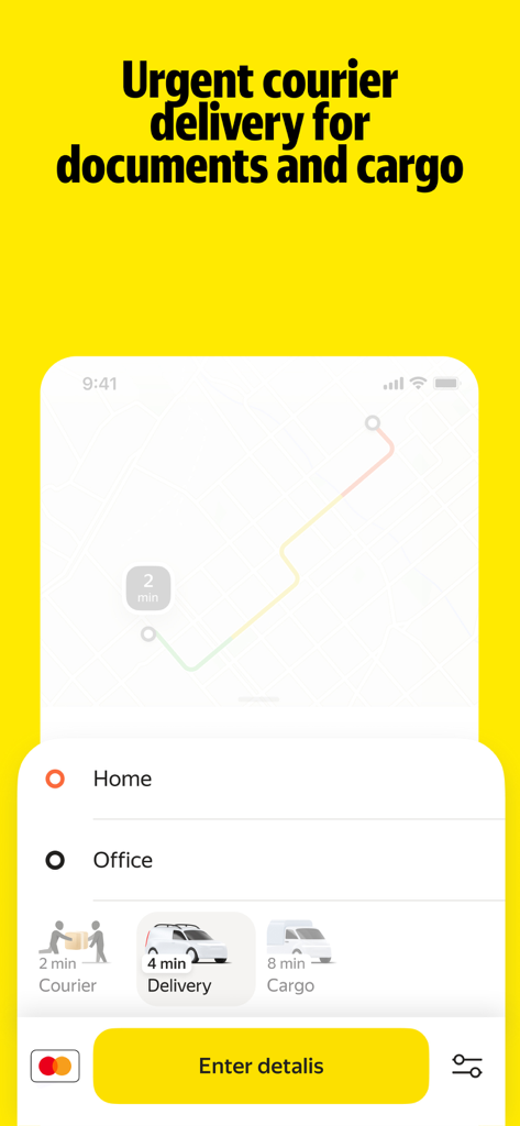 Yandex Go app screen showing urgent courier delivery options for documents and cargo with map route