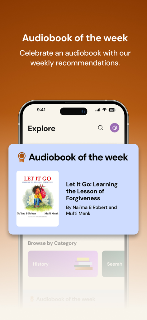The Chaptrs app explore screen featuring the Islamic audiobook of the week titled Let It Go by Mufti Menk.