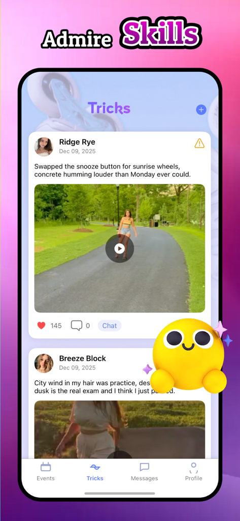 Zupo: Skate Now - Mobile app screen showing a social feed of roller skating trick videos under the tricks section