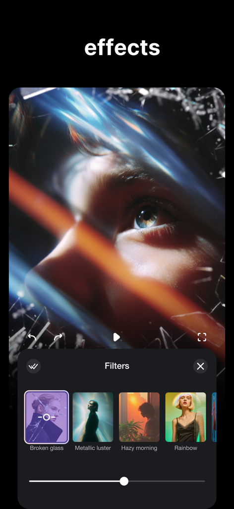 TrimCut - Video Editor - Interface do editor de vídeo TrimCut mostrando filtros de vídeo artísticos e um efeito de vidro quebrado em um clipe de vídeo em close-up.