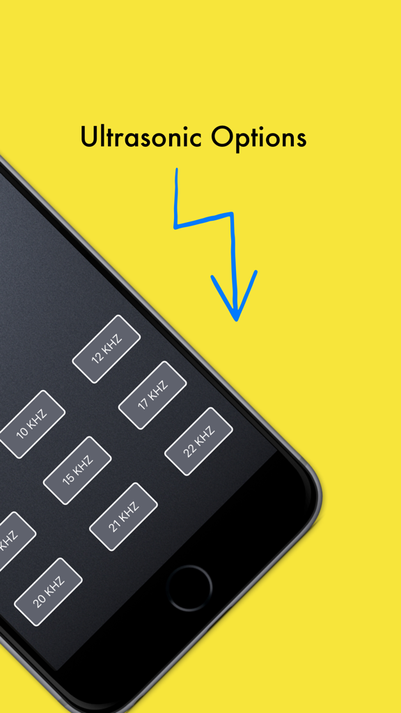 Ultrasonic Pest Repeller - A smartphone showing different frequency buttons like 10khz and 15khz for ultrasonic pest repellent