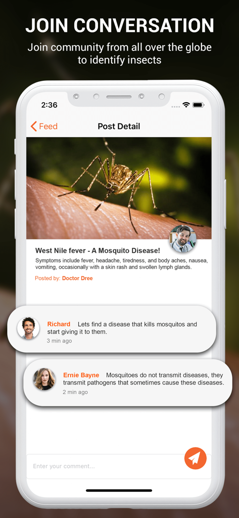 Una captura de pantalla de la aplicación identificador de insectos que muestra una discusión comunitaria sobre un mosquito y enfermedades relacionadas