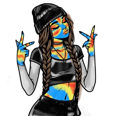 realistic teenage girl with braids and a beanie and crop top doing 🫶🏼