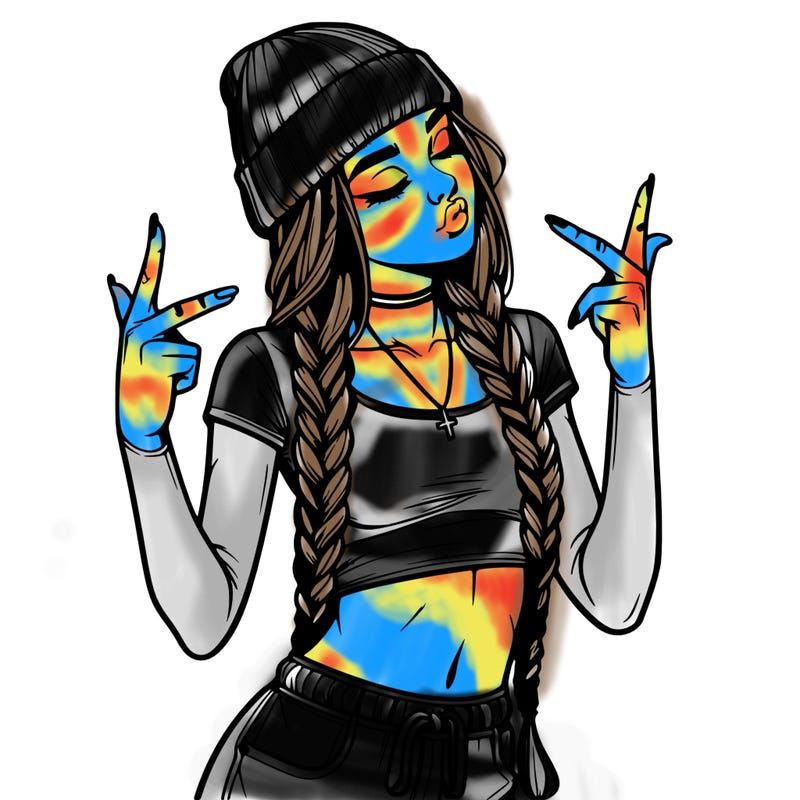 realistic teenage girl with braids and a beanie and crop top doing 🫶🏼