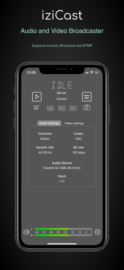 iziCast - iziCast mobile app interface displaying audio settings and hardware connection status