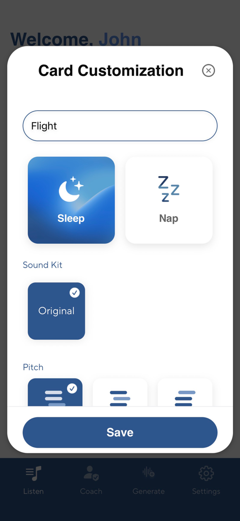 myWaves App - Tela de personalização de cartões do aplicativo myWaves para sons personalizados de sono e cochilo
