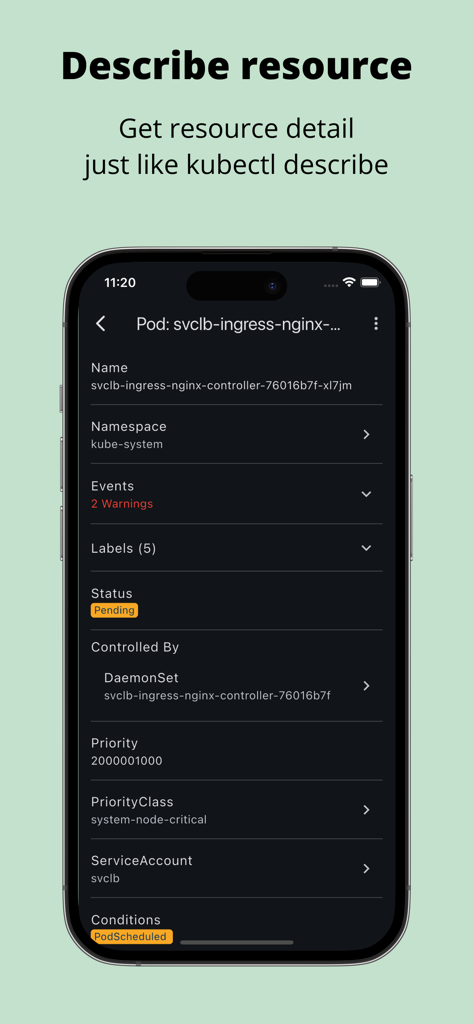 Kubeterm - Kubernetes client - Detailed Kubernetes pod resource information in Kubeterm mobile app interface