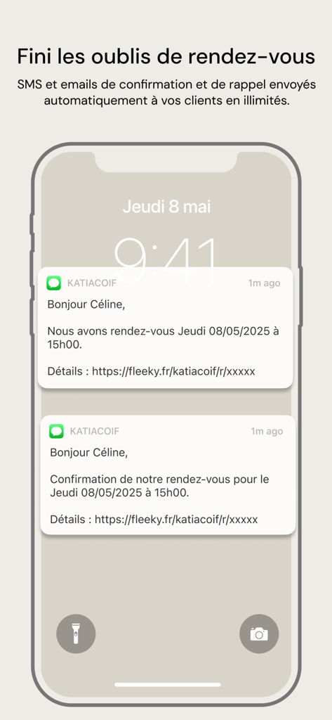 Fleeky Pro : Salon & Domicile - Lembretes de compromisso por SMS automatizados na tela de bloqueio de um iPhone do aplicativo Fleeky Pro