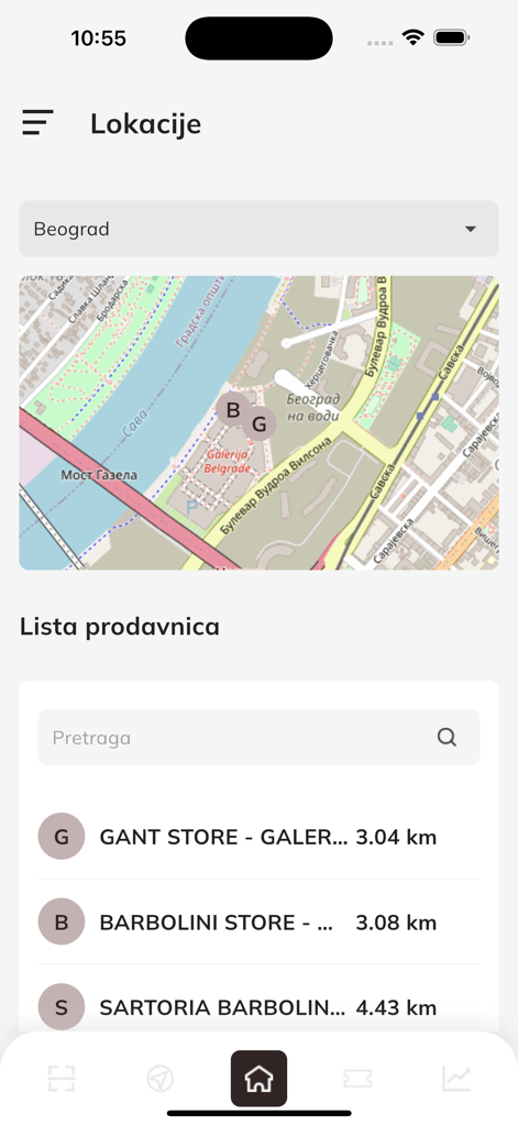 Pantalla de la aplicación móvil Promoda mostrando un mapa y una lista de ubicaciones de tiendas físicas en Belgrado