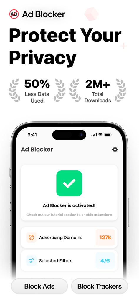 Ad Blocker · - Ad Blocker app interface on iPhone showing privacy protection status and data savings statistics