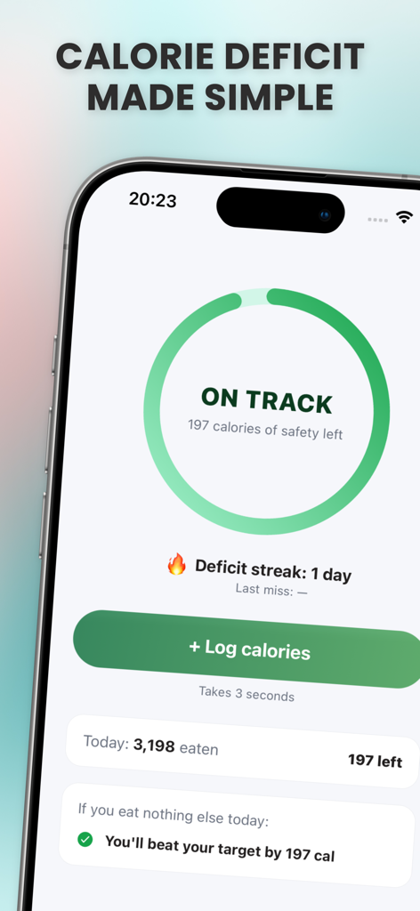 Calorie Deficit Tracker Pro - Painel minimalista de aplicativo móvel mostrando um anel de status de déficit calórico e o botão de registrar calorias.