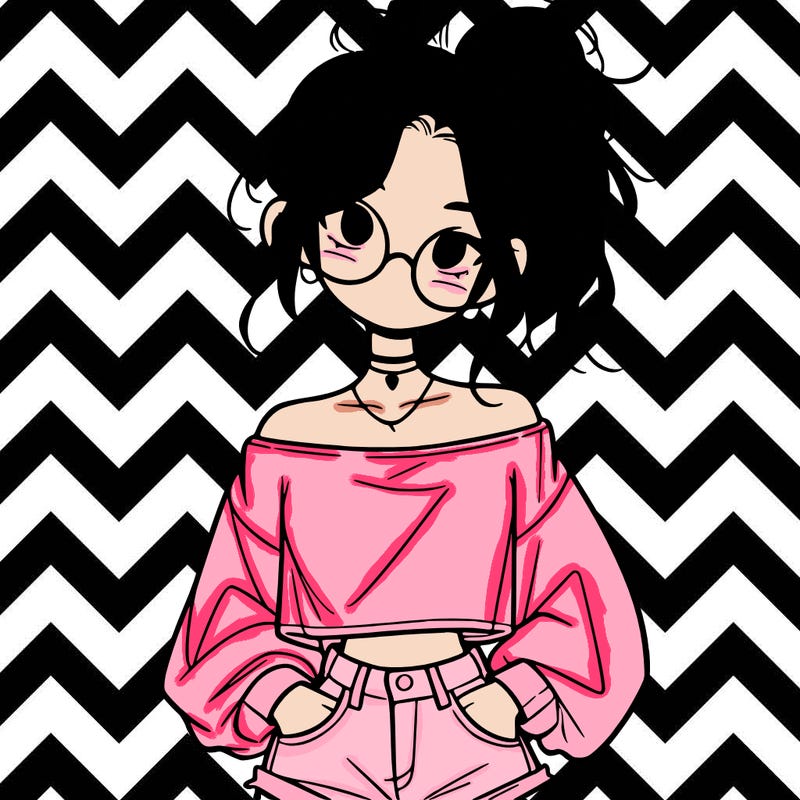 girl with a messy ponytail glasses a baggy crop top and jean shorts