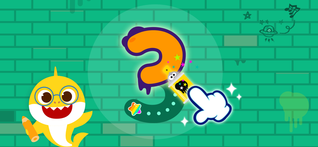 A hand traces the number three with a spray can next to Baby Shark on a green brick wall