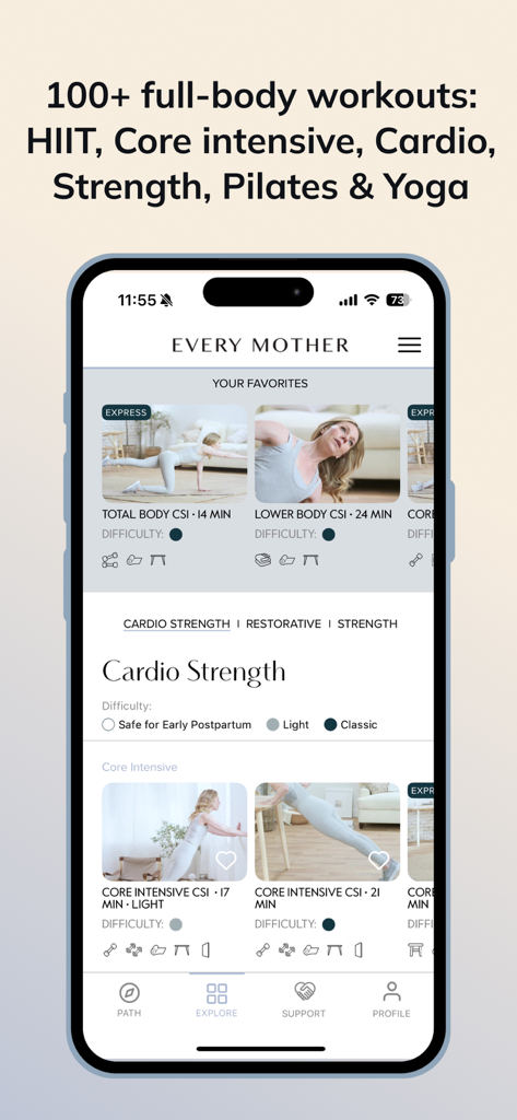 Every Mother app interface showing a selection of full body and core intensive workouts for mothers