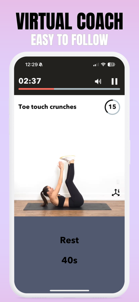 Lose Belly Fat Workout At Home - Mobile app screenshot showing a virtual coach for at-home toe touch crunches