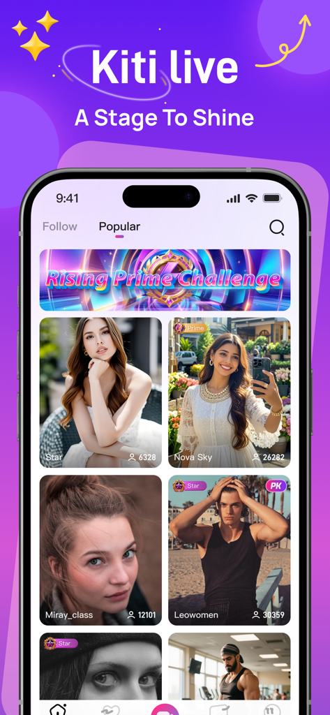 Kiti Live - A Stage to Shine - 인기 라이브 스트리머와 트렌드 챌린지의 피드를 보여주는 Kiti Live 앱 인터페이스