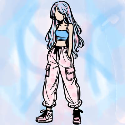 girl in baggy pants crop top and long hair