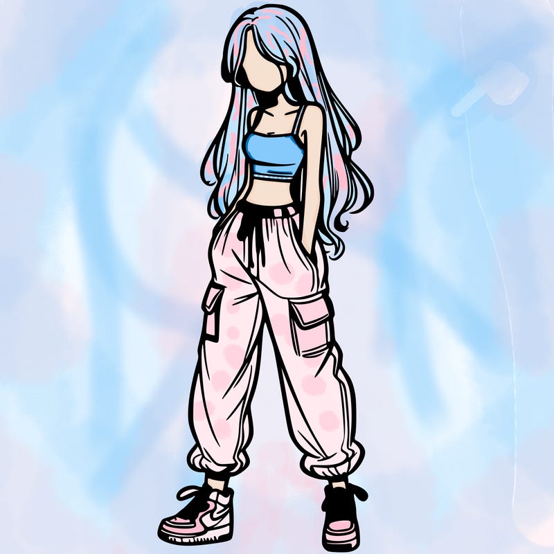 girl in baggy pants crop top and long hair