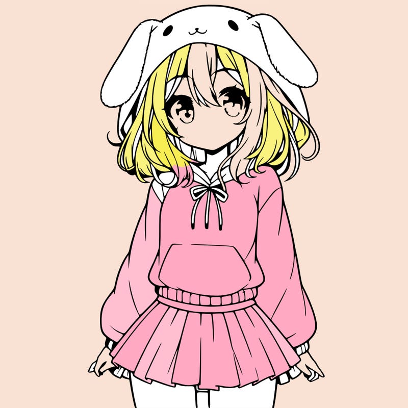 pretty anime girl wearing a fluffy hoodie with bunny ears on the hood and a skirt