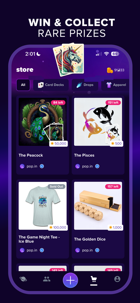 A screenshot of the pop.in app store showing rare prizes like custom card decks, a game night t-shirt, and golden dice that can be purchased with in-game coins.
