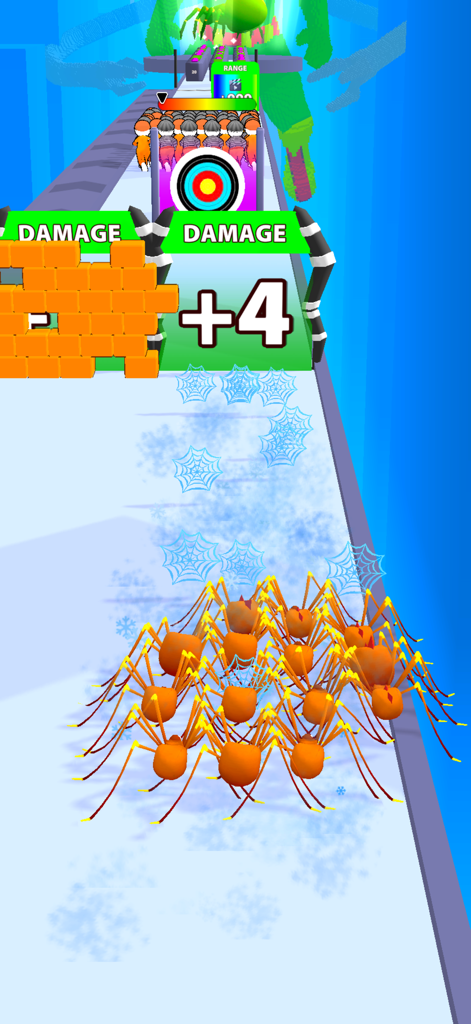 Spider Evolve n Shoot - A swarm of orange spiders moving towards damage upgrade gates in the mobile game Spider Evolve n Shoot.