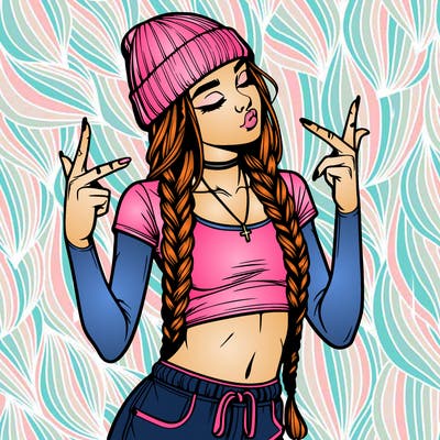 realistic teenage girl with braids and a beanie and crop top doing 🫶🏼