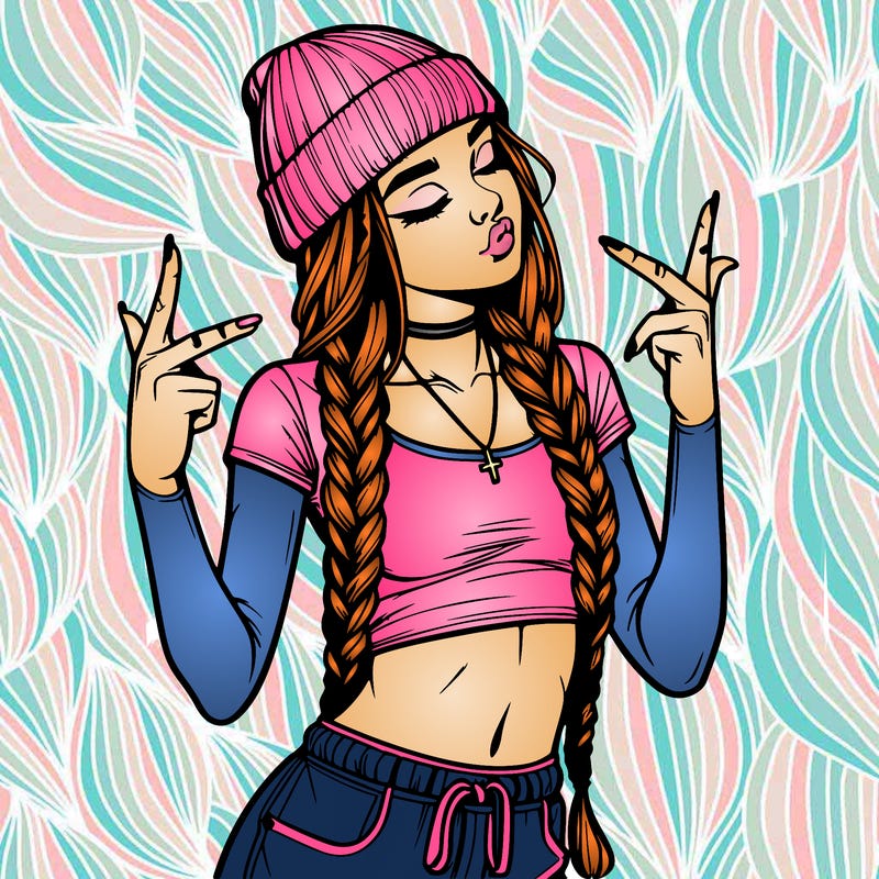 realistic teenage girl with braids and a beanie and crop top doing 🫶🏼