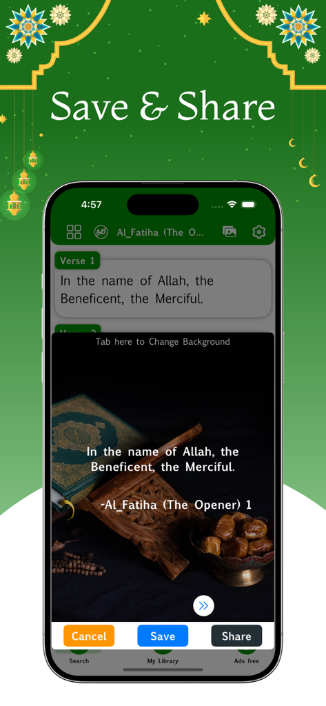 Al Quran - Read Qur'an Offline - Al Quran app interface showing a verse graphic with options to save and share.