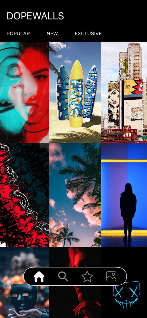 A grid of trendy 4K wallpapers including urban graffiti and neon aesthetics in the DopeWalls app interface.